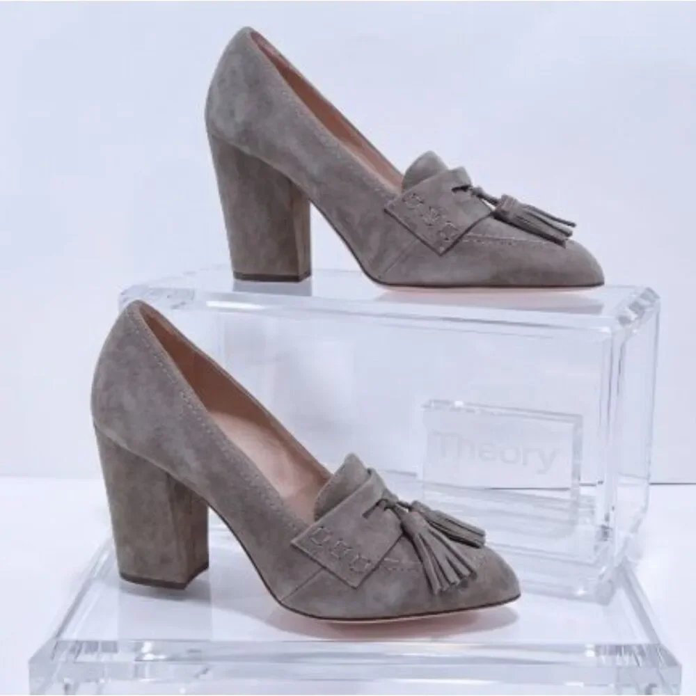 Theory Women's Grey Suede Tassel Block Heel Pointy Loafer Pumps Sz 37 NIB 498